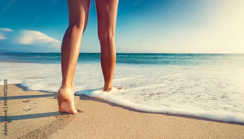 Smooth sun tanned slim legs standing walking on beach ocean banner header.
Smooth sun tanned slim legs standing walking on beach ocean banner header.