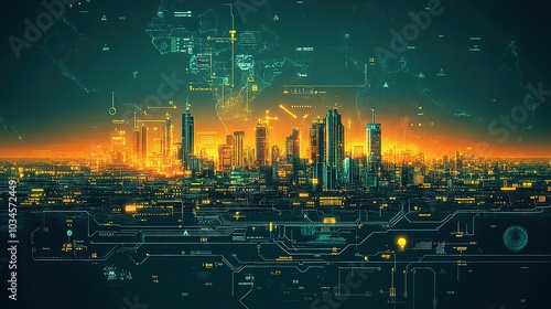 Futuristic Cityscape with Digital Overlay and Circuitry