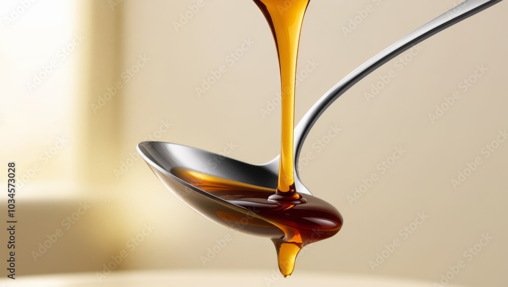 Syrup dripping from a spoon, with thick liquid flowing smoothly Syrup dripping from a spoon, with thick liquid flowing smoothly
