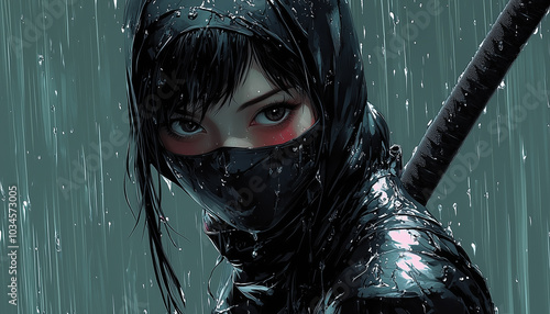 mysterious ninja girl in full black suit stands in rain, her intense gaze piercing through droplets. atmosphere is charged with tension and intrigue photo