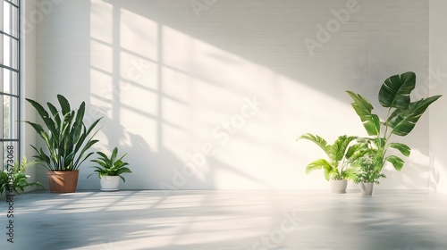 95. A bright and airy loft space with plants and an empty area for a product