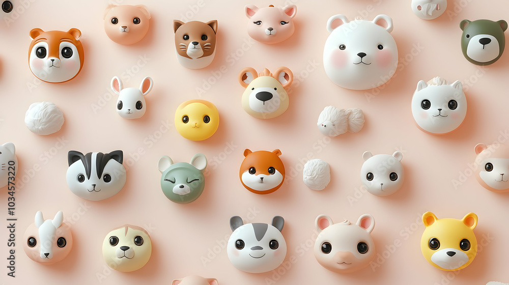 3D illustration of a seamless pattern of cute animal faces on a soft background 3D illustration of a seamless pattern of cute animal faces on a soft background