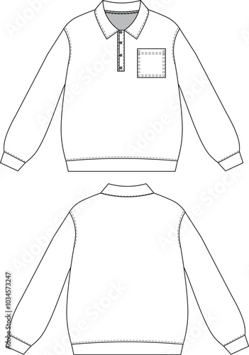 buttoned polo collared henley neck pocket loose slouchy long sleeve balloon sleeve oversize sweater sweatshirt template technical drawing flat sketch cad mockup fashion man unisex design style model 
