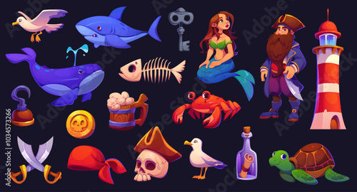 Cartoon pirate game assets and corsair characters for treasure island adventure, vector icons. Caribbean pirate game GUI assets of mermaid siren, fish skeleton and pirate skull in tricorne hat