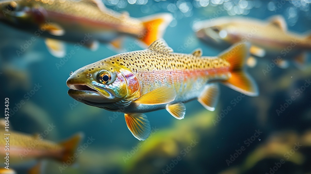 A Close-up View of a Rainbow Trout Swimming in Water A Close-up View of a Rainbow Trout Swimming in Water