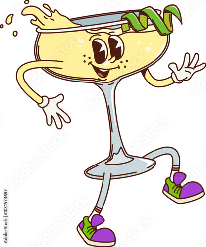 Cartoon retro groovy daiquiri cocktail character in a classic glass, adorned with lime twist and fun, dynamic pose with playful expression. Isolated vector hippie daiquiri cocktail bar menu personage