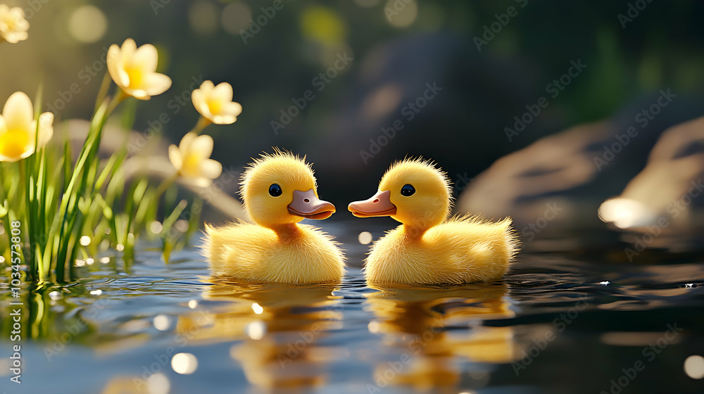 3D illustration of two ducklings in a simple setting 3D illustration of two ducklings in a simple setting