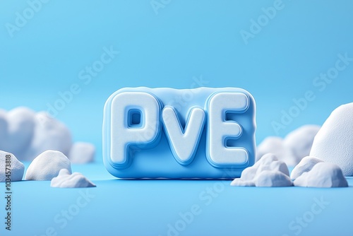 A vibrant blue block with the letters PVE, surrounded by fluffy white clouds on a light blue background, evoking a playful atmosphere photo