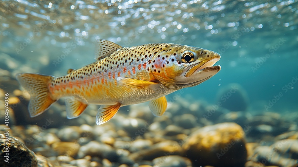 Brown Trout Swimming in a Rocky Riverbed Brown Trout Swimming in a Rocky Riverbed