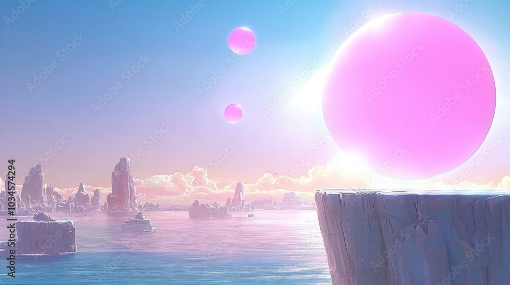 Fototapeta premium Enchanting Celestial Dreamscape with Glowing Orbs Floating over Surreal Cliff Edged Seascape