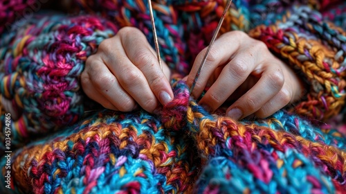 Knitting with Circular Needles: A Close-Up of Skilled Hands in Action