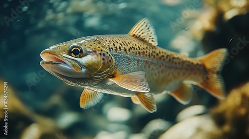 Close-up of a Brown Trout Swimming in Clear Water