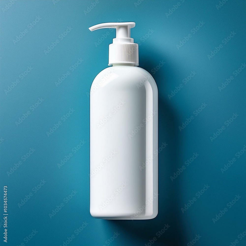Blank white liquid soap bottle mockup on blue background Blank white liquid soap bottle mockup on blue background