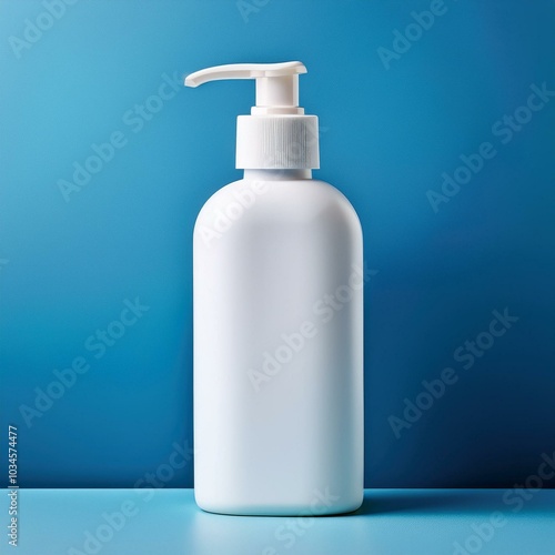 Blank white liquid soap bottle mockup on blue background