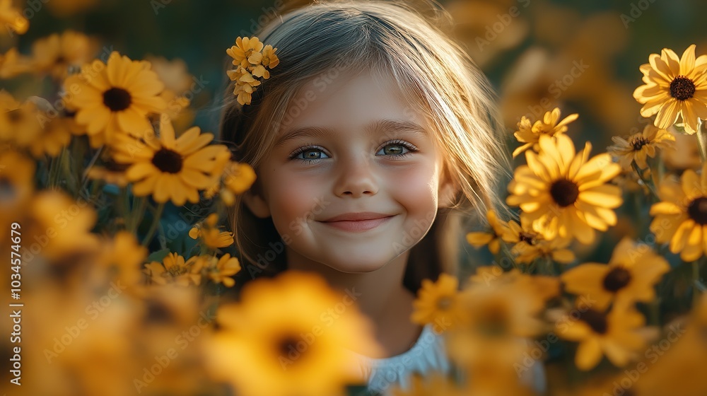 A Young Girl Smiling Amidst a Field of Yellow Flowers A Young Girl Smiling Amidst a Field of Yellow Flowers
