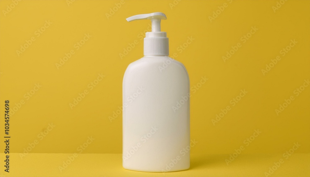 Blank white liquid soap bottle mockup on yellow background Blank white liquid soap bottle mockup on yellow background