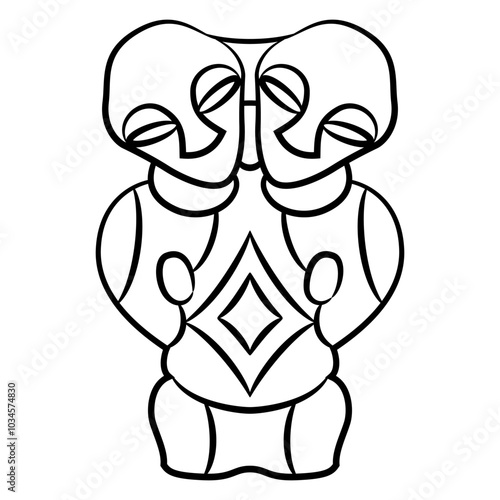 Two headed idol. Neolithic human figurine from Vinča culture, Serbia. Black and white linear silhouette.