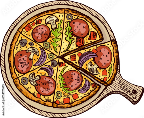 Pizza slices on wooden board. Tasty italian food