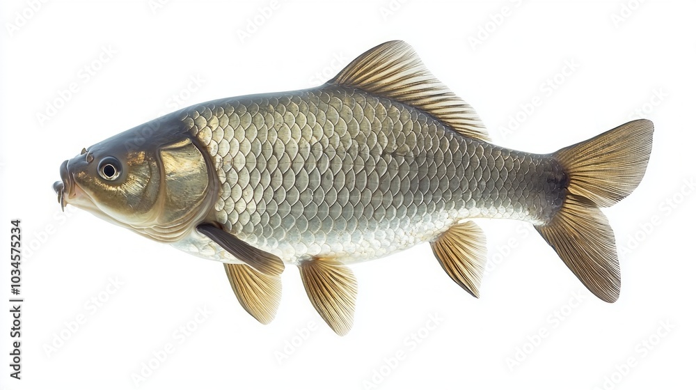 silver carp displays its distinct coloration and scale patterns against a clean white backdrop. The clarity of the shot highlights its anatomy and unique traits. silver carp displays its distinct coloration and scale patterns against a clean white backdrop. The clarity of the shot highlights its anatomy and unique traits.