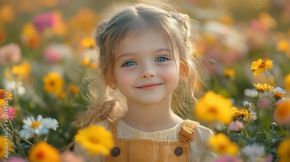 A Little Girl Smiles Amidst a Field of Yellow Flowers A Little Girl Smiles Amidst a Field of Yellow Flowers