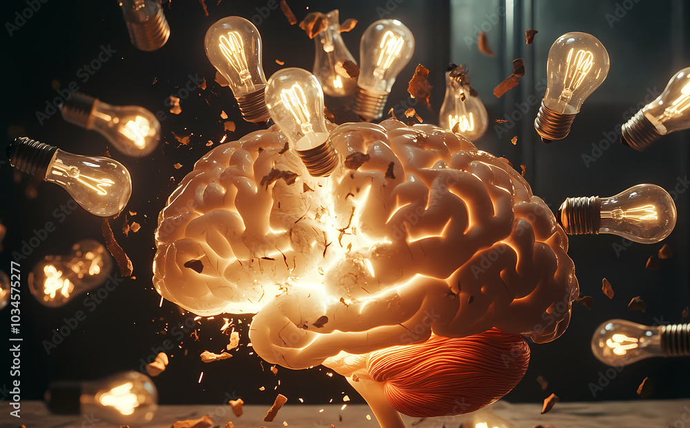 custom made wallpaper toronto digital3D brain breaking into pieces with light bulbs inside, black background, 2/4 space for text on the left side of the image, photorealistic