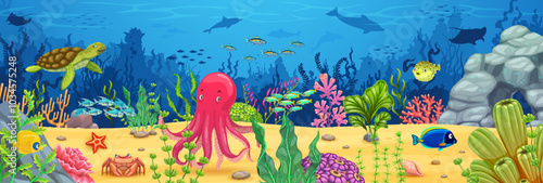 Cartoon underwater game landscape with undersea animals and fishes, vector background. Underwater world adventure game landscape with funny octopus, sea turtle and dolphins with manta rays in ocean
