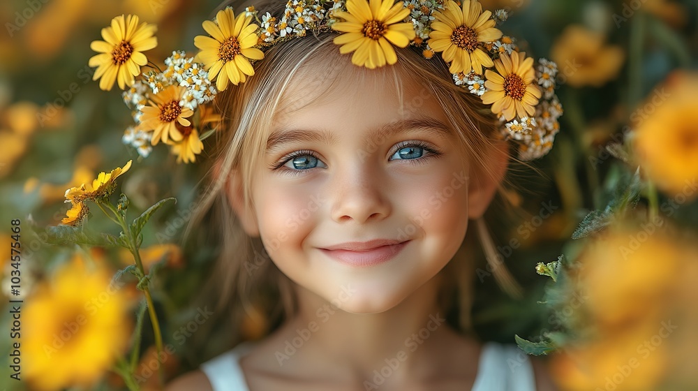 A Young Girl Smiles with a Flower Crown in a Field A Young Girl Smiles with a Flower Crown in a Field