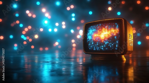 Retro Television with Glitching Screen and Colorful Bokeh Lights