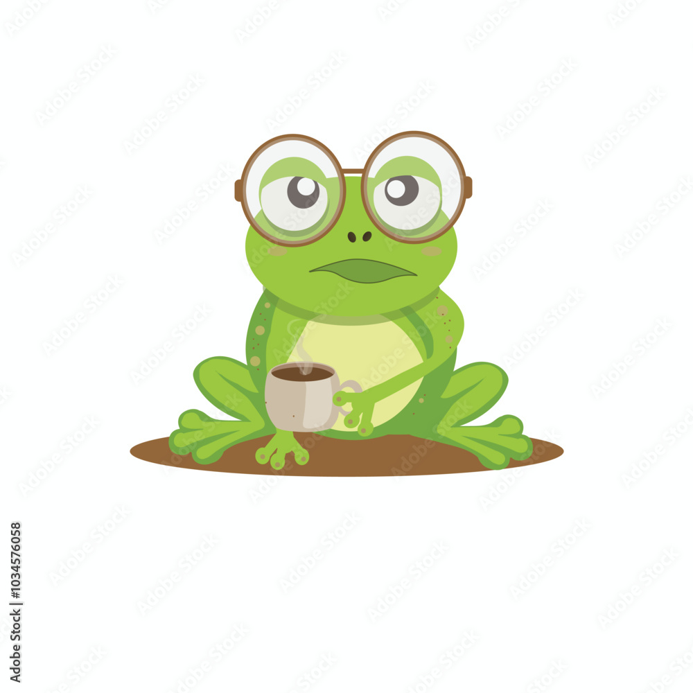 A funny green frog with glasses holding a cup of coffee. Flat style illustration A funny green frog with glasses holding a cup of coffee. Flat style illustration