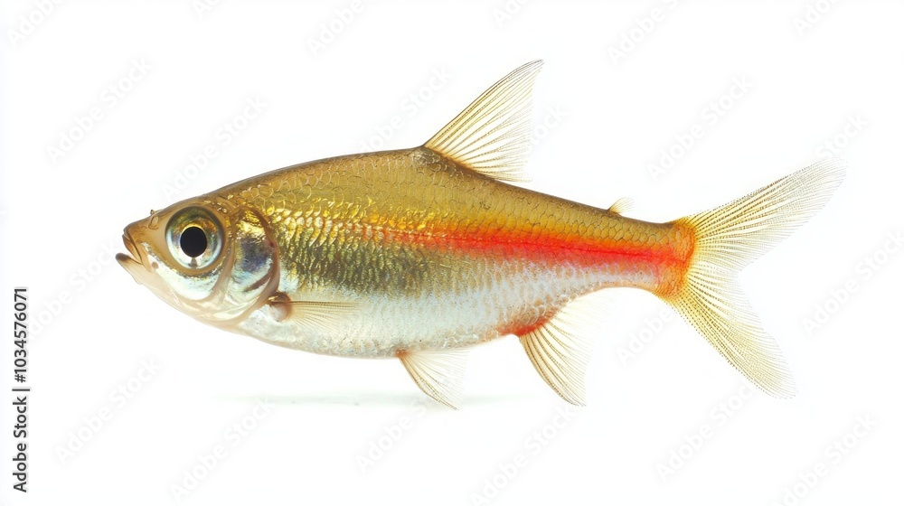 Fototapeta premium vibrant Tetra Fish from the Characidae family is displayed against a white backdrop highlighting its striking colors and anatomy common in tropical aquariums.