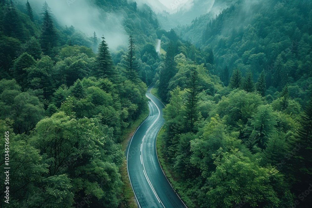 Serene Aerial View of Scenic Mountain Road Amid Lush Green Forest Serene Aerial View of Scenic Mountain Road Amid Lush Green Forest