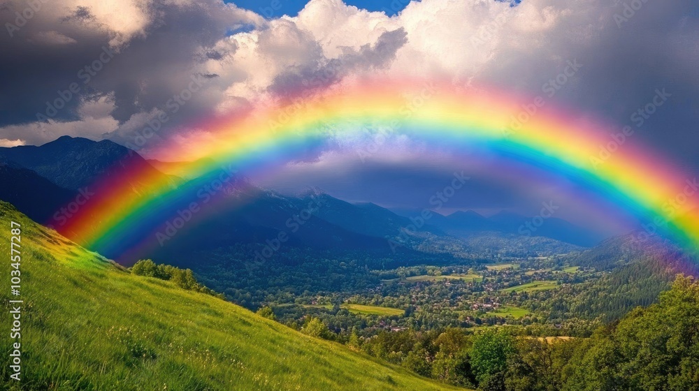 Obraz premium A vibrant rainbow arching over a stormy sky, symbolizing hope, emotional resilience, and brighter days ahead after hardships