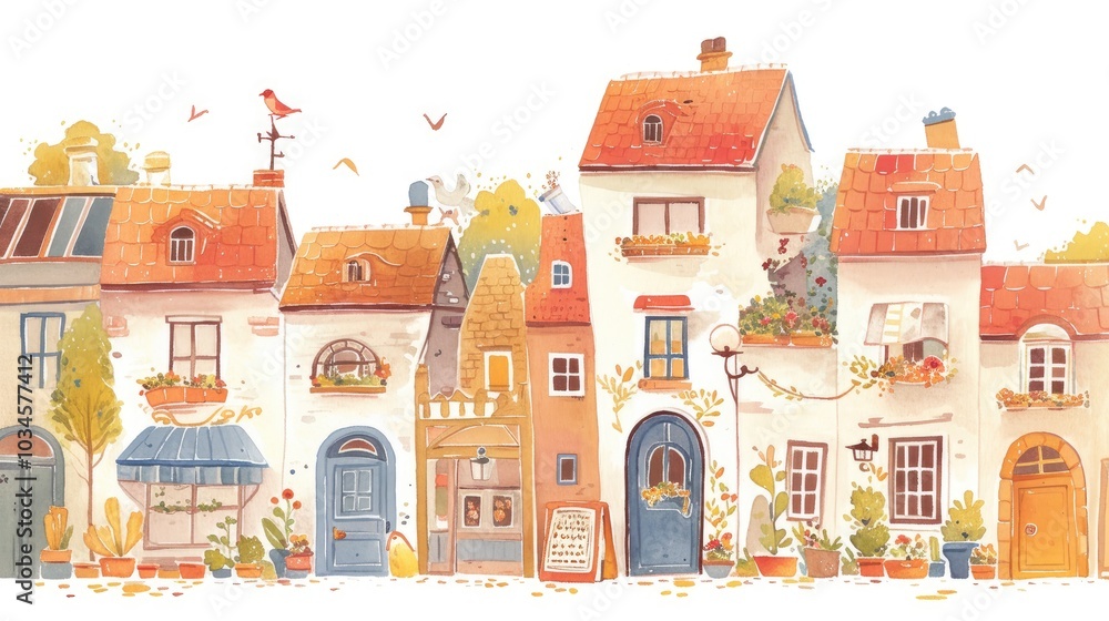 Illustration of a colorful street lined with quaint shops and vibrant trees during a sunny day, perfect for leisurely strolls and exploring local businesses Illustration of a colorful street lined with quaint shops and vibrant trees during a sunny day, perfect for leisurely strolls and exploring local businesses