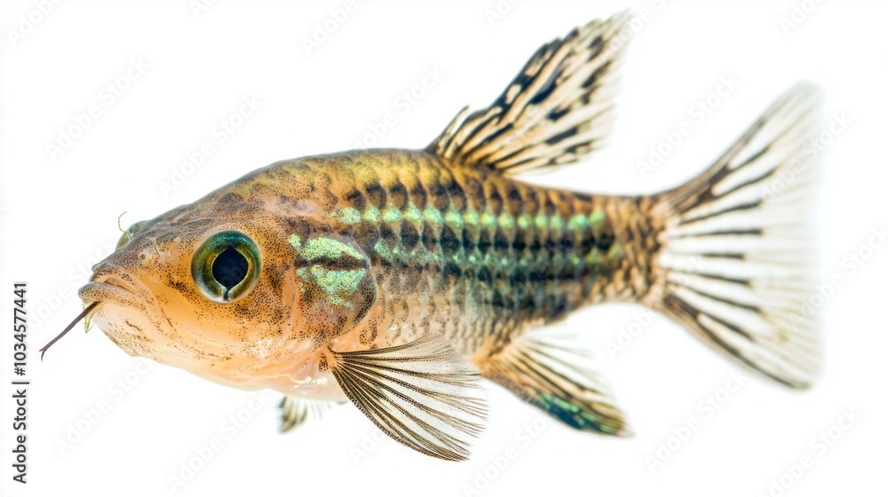 Emerald Corydoras engages in its natural behavior displaying its striped patterns and iridescent hues in a pristine white setting highlighting its beauty. Emerald Corydoras engages in its natural behavior displaying its striped patterns and iridescent hues in a pristine white setting highlighting its beauty.
