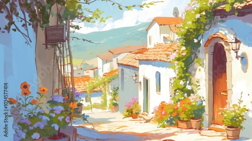 Illustration of a colorful street lined with quaint shops and vibrant trees during a sunny day, perfect for leisurely strolls and exploring local businesses