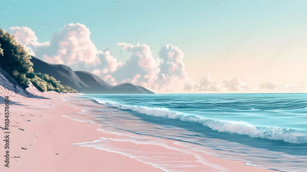 Illustration of a tranquil beach scene created using AI in soft pastel shades Illustration of a tranquil beach scene created using AI in soft pastel shades