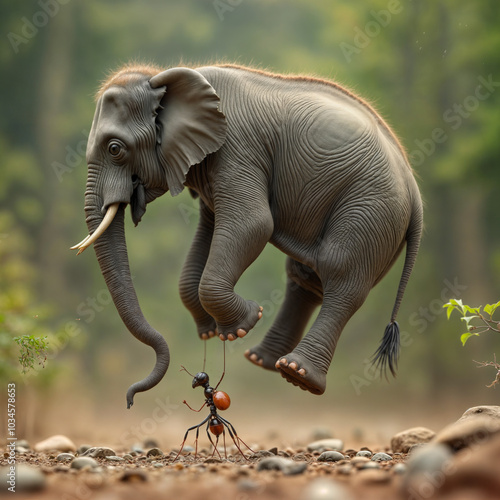 a large gray elephant with a long trunk and tusks, standing on top of a rocky ground with small plants and a small red ant in the foreground.