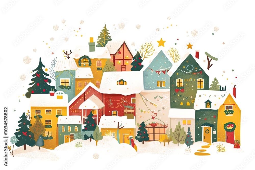 A cozy winter village blanketed in snow with festive decorations and holiday lights, set against a backdrop of mountains during the Christmas season A cozy winter village blanketed in snow with festive decorations and holiday lights, set against a backdrop of mountains during the Christmas season