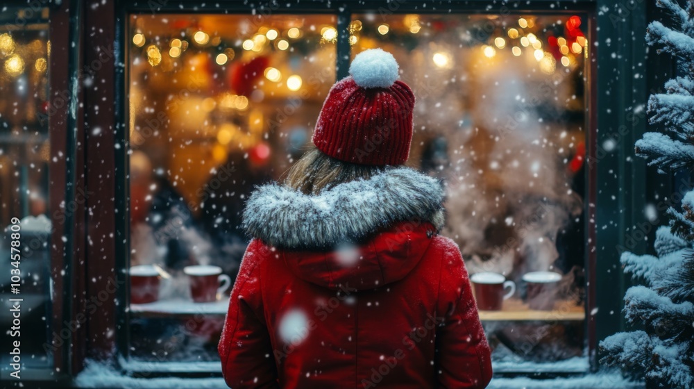 Snow gently falls as a person in a red coat and hat gazes through a cafe window, illuminated by festive lights inside. The atmosphere is warm and inviting, evoking a sense of holiday cheer. Snow gently falls as a person in a red coat and hat gazes through a cafe window, illuminated by festive lights inside. The atmosphere is warm and inviting, evoking a sense of holiday cheer.