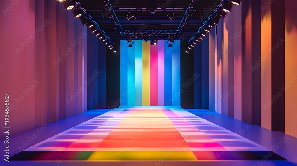 75. A colorful fashion runway setup with lights and a space for a product 75. A colorful fashion runway setup with lights and a space for a product
