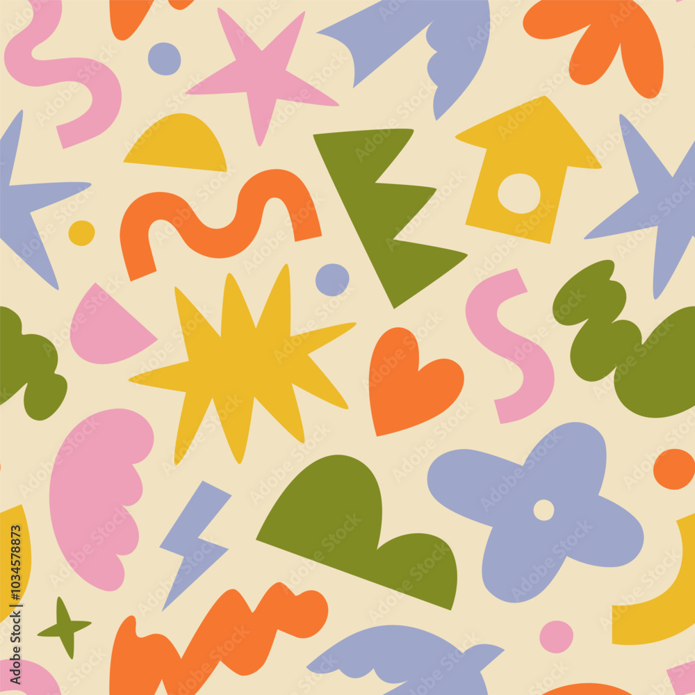 Fun colorful geometric shape seamless pattern. Creative abstract children style art background for kids, trendy design with organic geometry shapes. Simple childish wallpaper texture. Fun colorful geometric shape seamless pattern. Creative abstract children style art background for kids, trendy design with organic geometry shapes. Simple childish wallpaper texture.