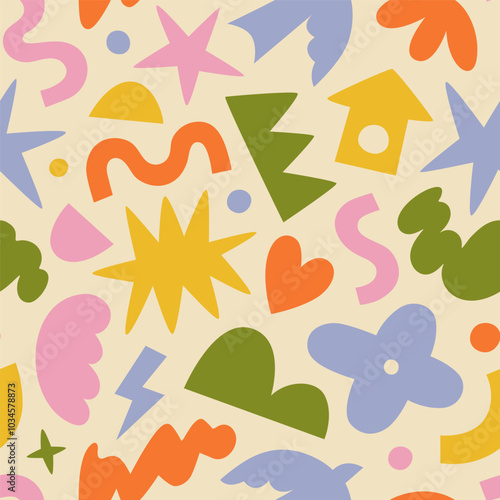 Fun colorful geometric shape seamless pattern. Creative abstract children style art background for kids, trendy design with organic geometry shapes. Simple childish wallpaper texture.