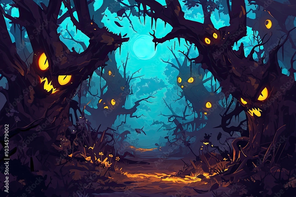 Ghostly figures emerge in a mysterious, dimly lit forest filled with twisted trees and an ethereal green glow during an eerie twilight Ghostly figures emerge in a mysterious, dimly lit forest filled with twisted trees and an ethereal green glow during an eerie twilight
