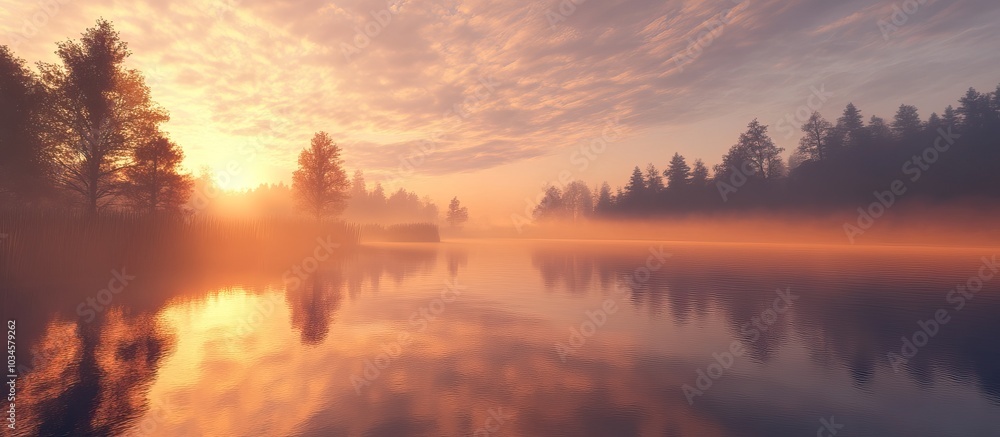 Fototapeta premium Sunrise over Foggy Lake