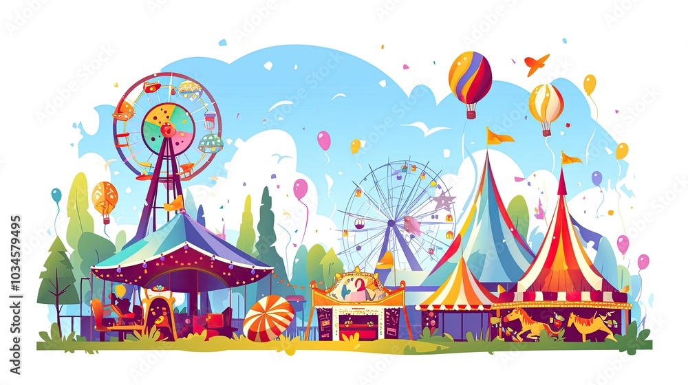 A vibrant carnival scene with colorful tents, a Ferris wheel, entertainers, and joyful attendees celebrating a festive atmosphere during the day A vibrant carnival scene with colorful tents, a Ferris wheel, entertainers, and joyful attendees celebrating a festive atmosphere during the day