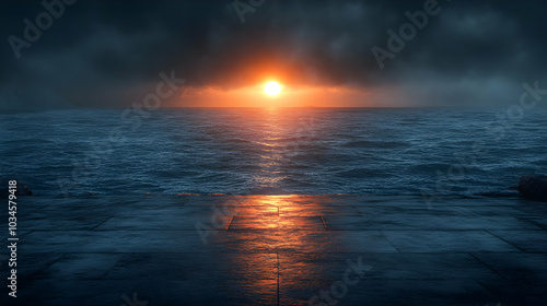 Dark Dramatic Sunset Over the Ocean Illustration