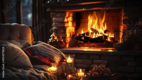 Cozy living room with candles, fireplace and christmas decorations. Vintage style. Interior of a cozy living room with a fireplace