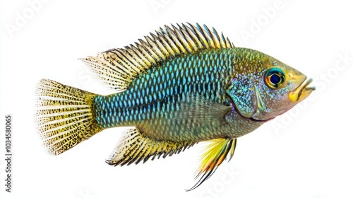 stunning Green Terror Cichlid displays its vibrant blue and green scales along with unique yellow accents while isolated on a white backdrop. photo