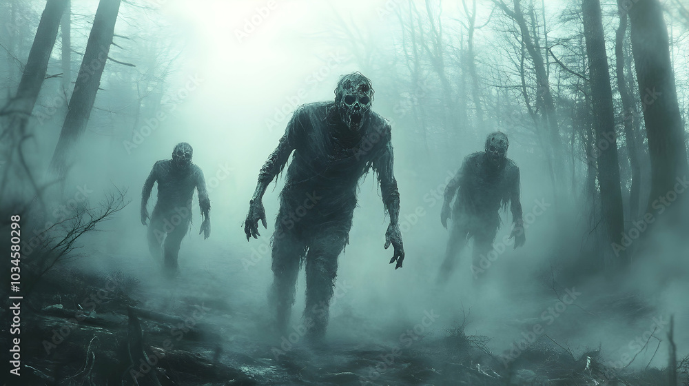 Illustration of three eerie zombies wandering through a foggy forest, designed as concept art Illustration of three eerie zombies wandering through a foggy forest, designed as concept art