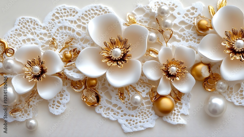 Obraz premium White Flowers with Gold Accents and Pearls on Lace Background